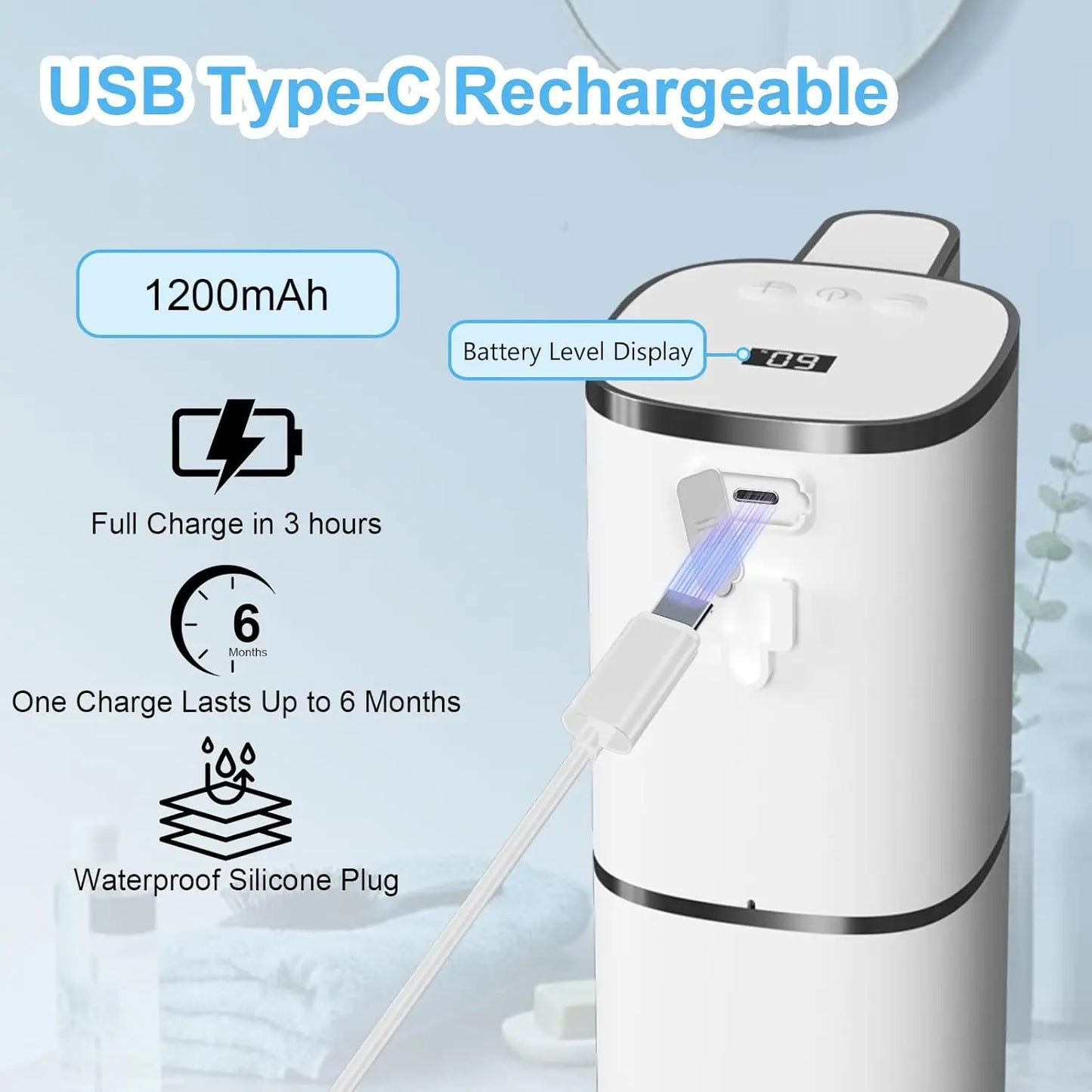 Automatic Soap Dispenser Touchless, USB Rechargeable with 9-Level Adjustable, 13.5oz Wall Mount for Kitchen Bathroom