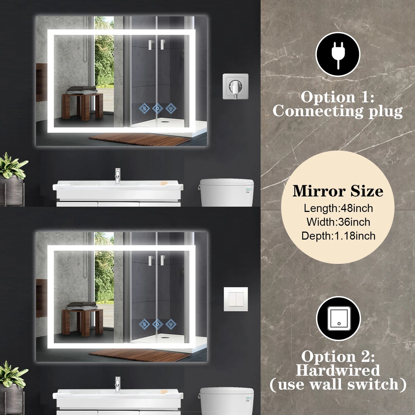 Modern LED Bathroom Vanity Mirror with 3 Colors Lighting, Dimmable, Anti-Fog, Smart Touch Button - 48 x 36inch Wall Mirrors