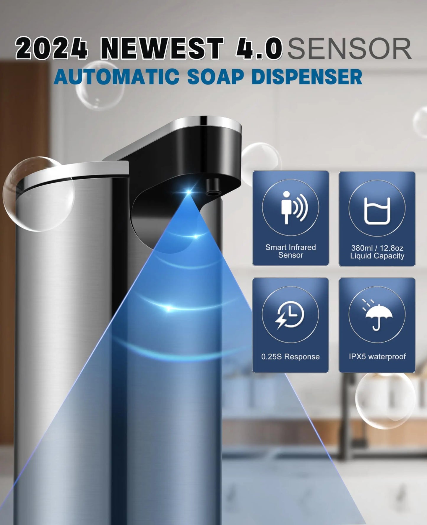 Automatic Soap Dispenser Stainless Steel Touchless3-Level Infrared Sensor for Bathroom,Kitchen,Hotel,Hand-Free Liquid Dispensing