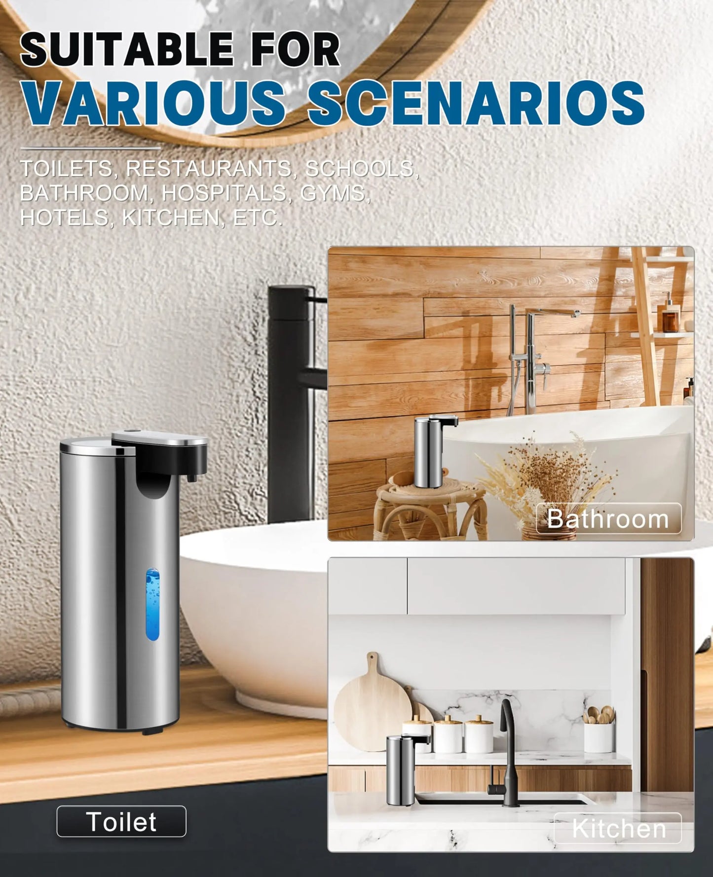 Automatic Soap Dispenser Stainless Steel Touchless3-Level Infrared Sensor for Bathroom,Kitchen,Hotel,Hand-Free Liquid Dispensing
