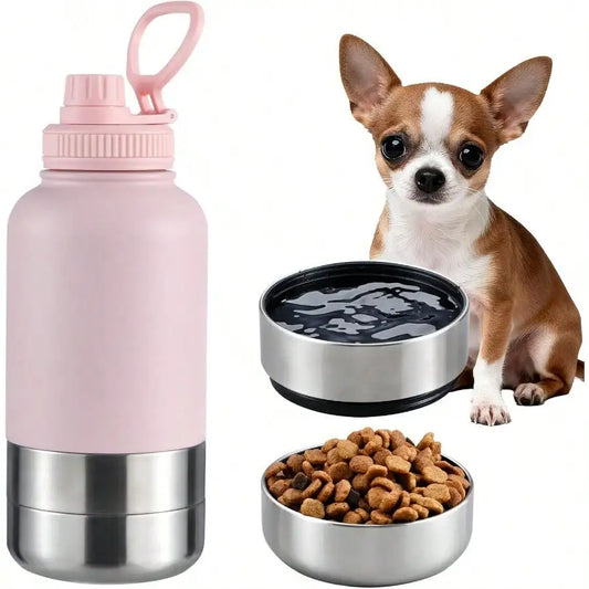 Insulated Dog Water Bottle With 2 Bowls, 32oz Travel Stainless Steel Double Wall , Portable Pet Dispenser, Gifts For Puppy Small Medium Dogs Walking Hiking And Camping