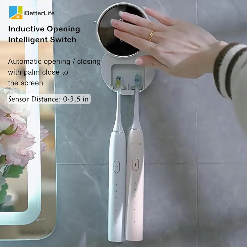 Toothbrush Holders Cleaner & Dryer for Bathroom - Mirror Wall Mounted [Rechargeable, Auto Sensor Open/Close Lid, LED Smart