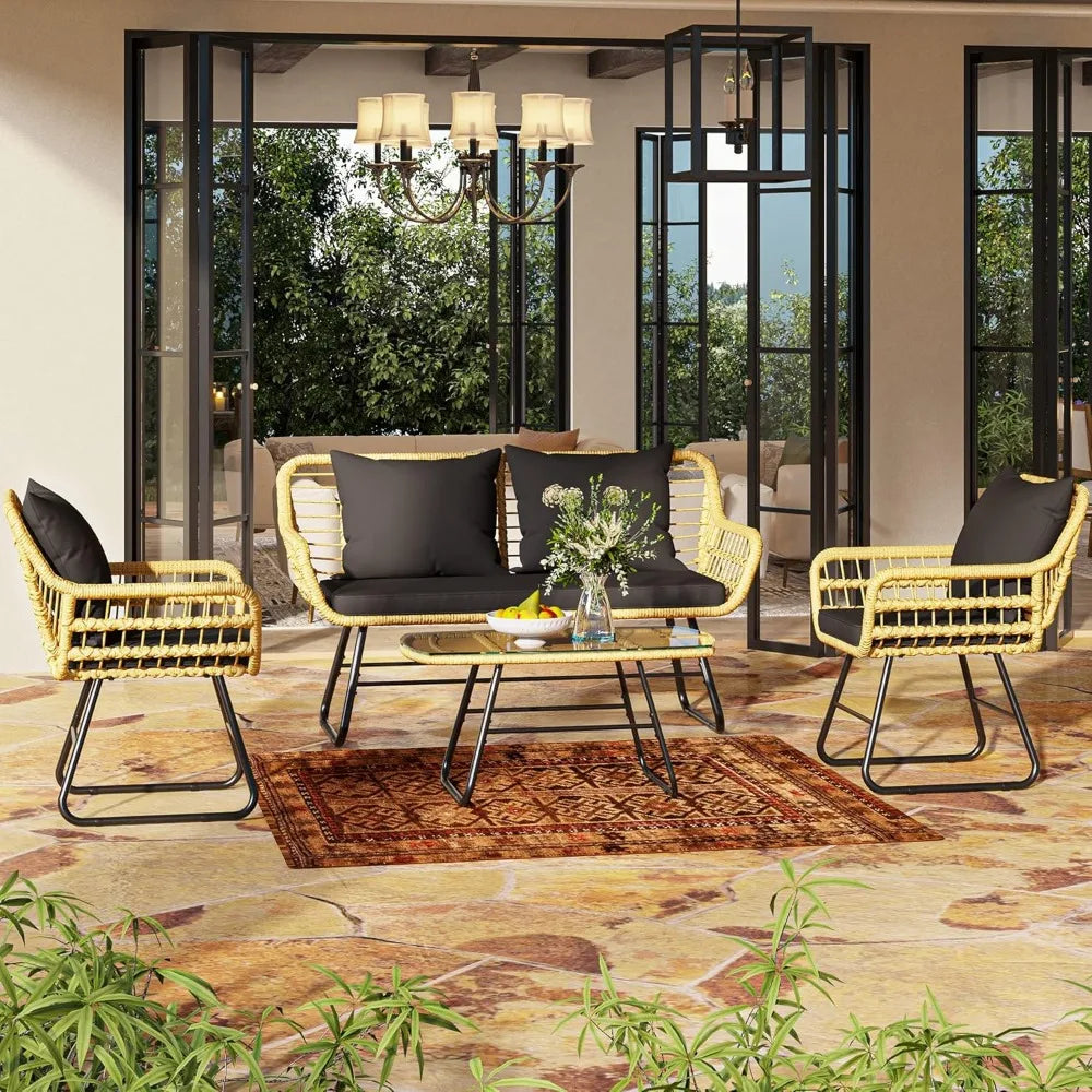 4-Piece Patio Furniture Wicker Outdoor Bistro Set, All-Weather Rattan Conversation Loveseat Chairs For Backyard, Balcony And De