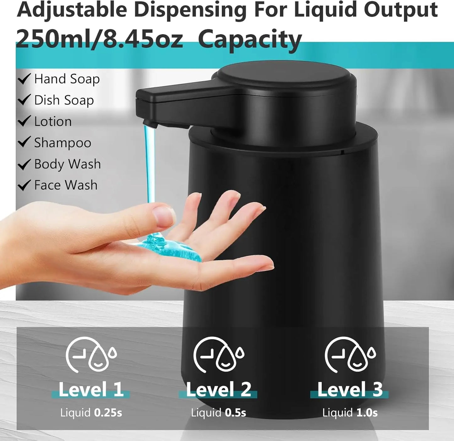 Automatic Soap Dispenser Touchless with 3-Level Adjustable Setting, 9oz Rechargeable Electric Soap Dispenser for Bathroom