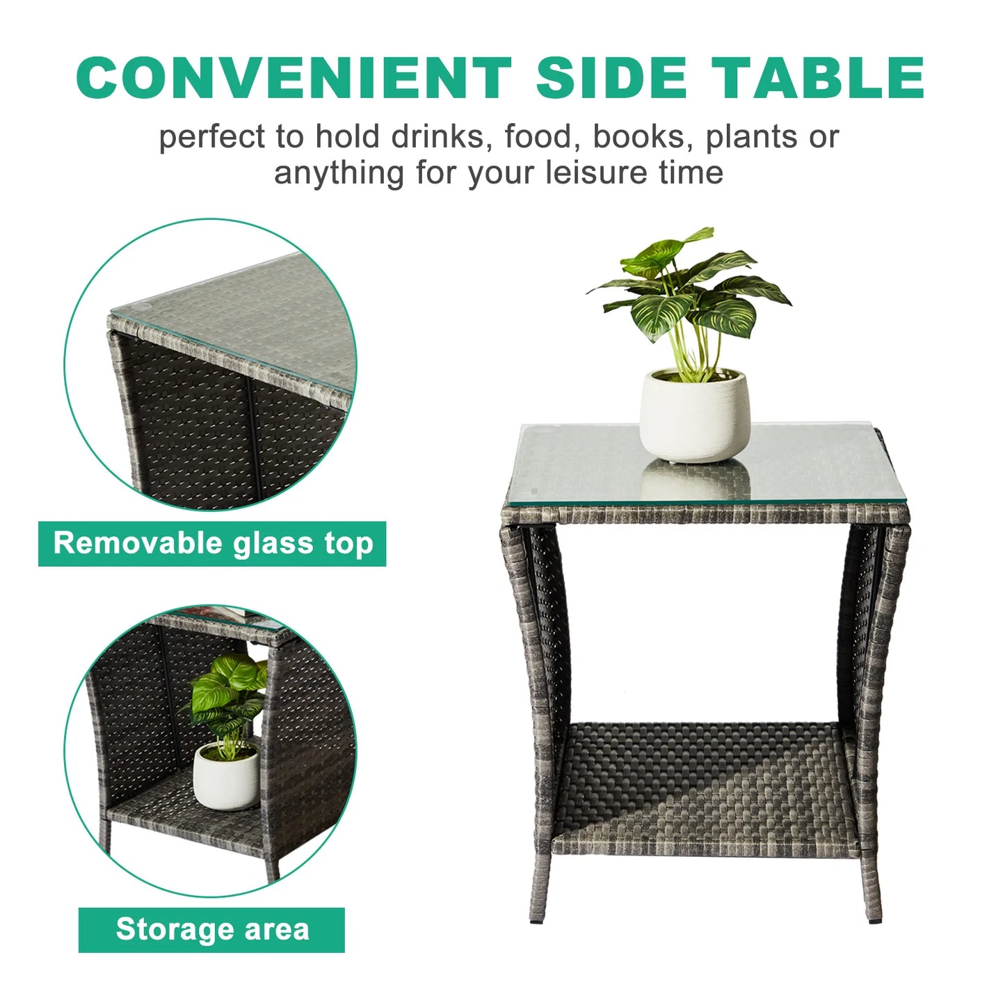 Outdoor Patio Wicker Side Table, Square End Table Bistro Coffee Table with Glass Top Storage Shelf for Porch Garden Backyard