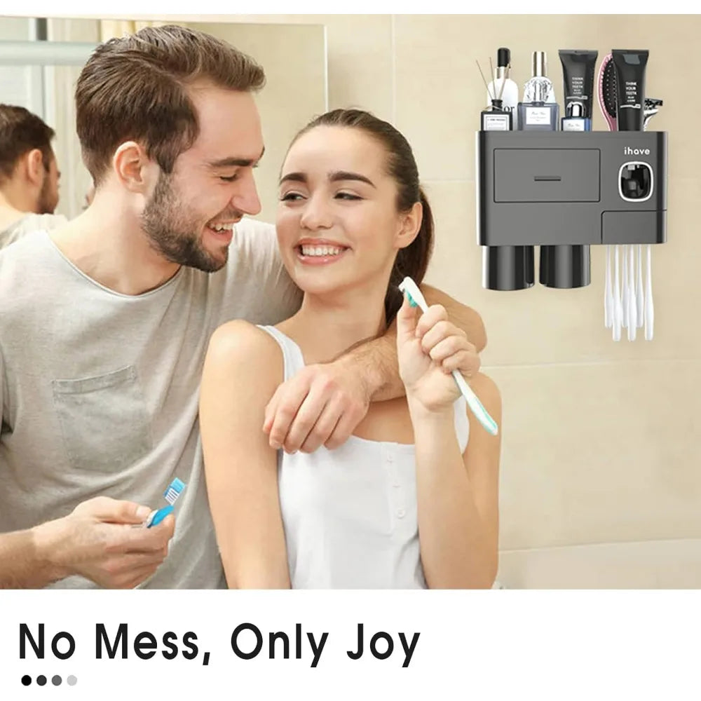 iHave Toothbrush Holders for Bathrooms, 2 Cups Toothbrush Holder Wall Mounted with Toothpaste Dispenser - Large Capacity Tray,