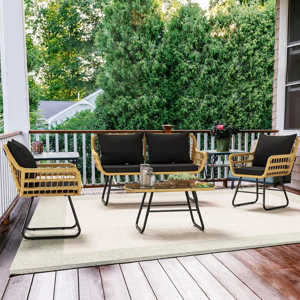 4-Piece Patio Furniture Wicker Outdoor Bistro Set, All-Weather Rattan Conversation Loveseat Chairs For Backyard, Balcony And De