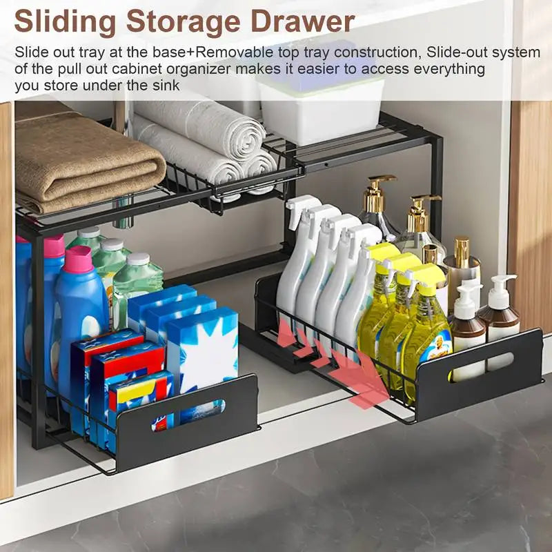 Under Sink Sliding Storage Organizer with 2 Drawers, Adjustable Multi-Level Shelf for Cabinet, Kitchen, Bathroom
