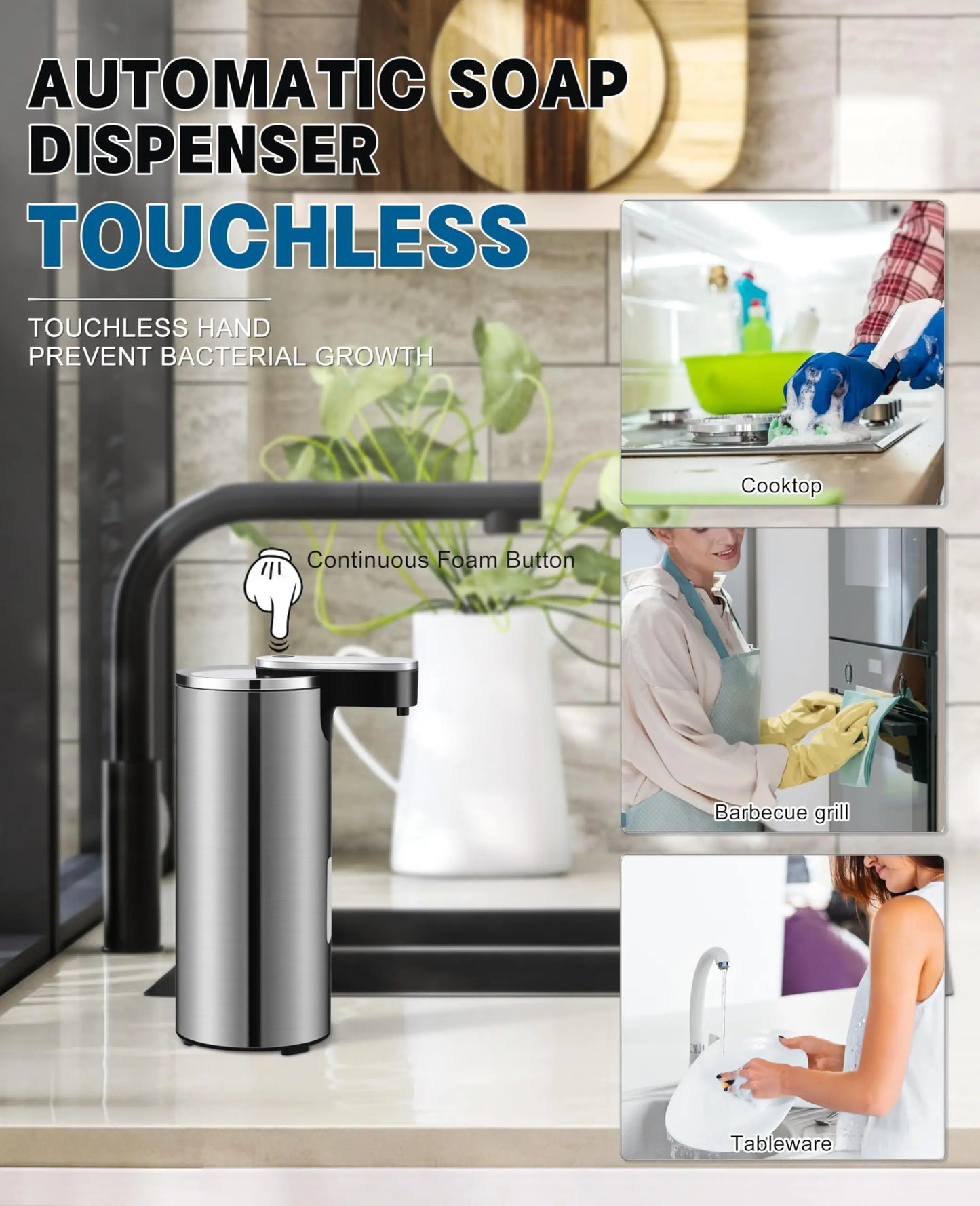 Automatic Soap Dispenser Stainless Steel Touchless3-Level Infrared Sensor for Bathroom,Kitchen,Hotel,Hand-Free Liquid Dispensing